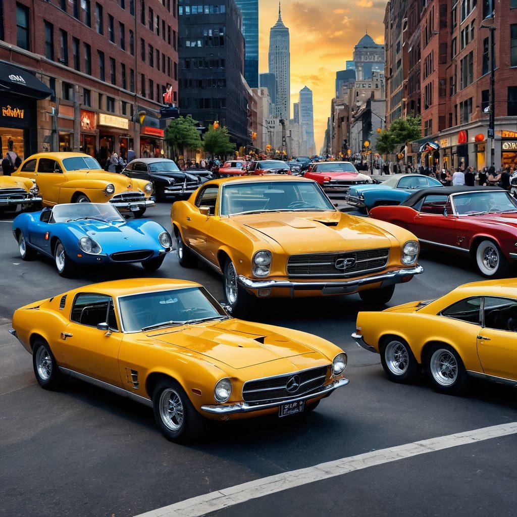 A captivating collage showcasing classic cars with elegant curves alongside high-performance modern vehicles, set against a dynamic city backdrop. Include elements like vintage car enthusiasts admiring the classics, and race cars speeding, emphasizing the contrast between timeless beauty and cutting-edge technology. Vibrant colors, dramatic lighting, and a blend of urban and rural scenery to evoke a sense of passion for automobiles. super-realistic. high contrast. vibrant colors.