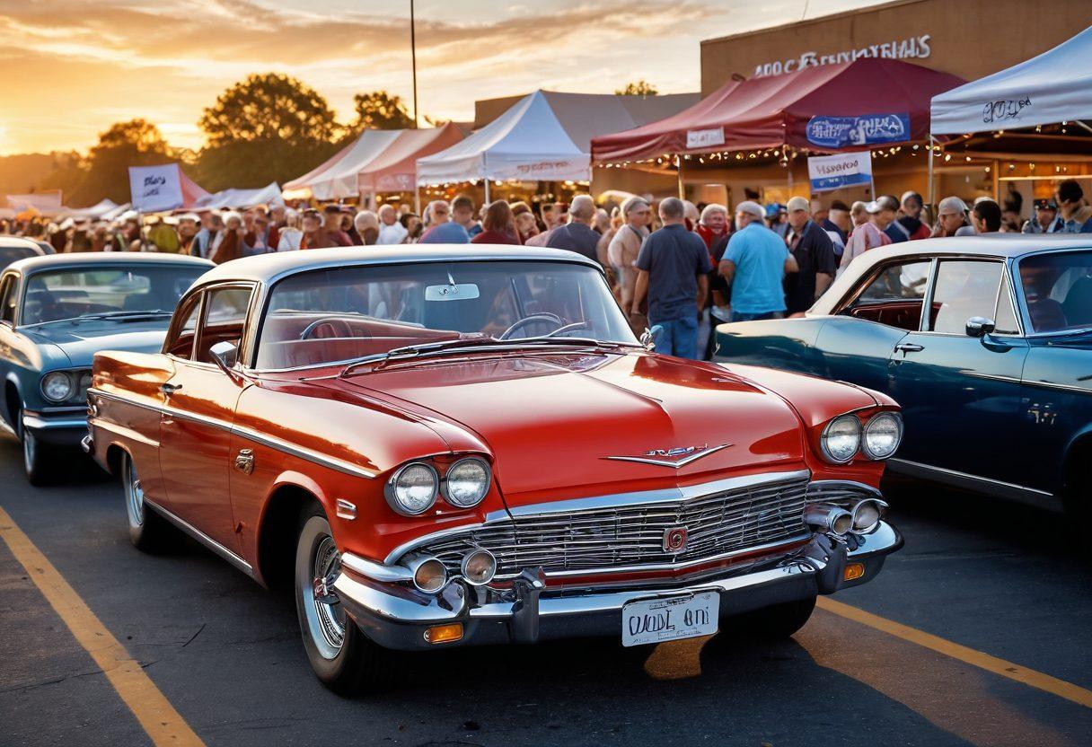 A group of diverse car enthusiasts joyfully gathered around a gleaming vintage car, showcasing their passion and excitement. The scene is set at a vibrant car show, with colorful banners and classic cars in the background. Capture the expressions of camaraderie and enthusiasm, surrounded by tools and detailed car parts. Include a sunset sky to evoke a warm, nostalgic atmosphere. vibrant colors. super-realistic.